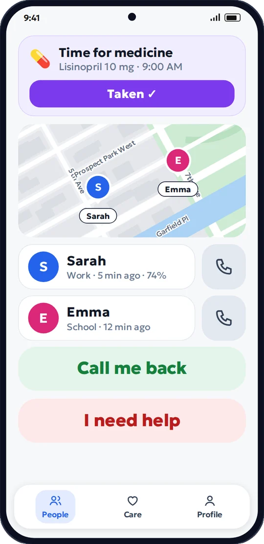 Simple mode for an elderly person: loved ones on the map and large buttons
