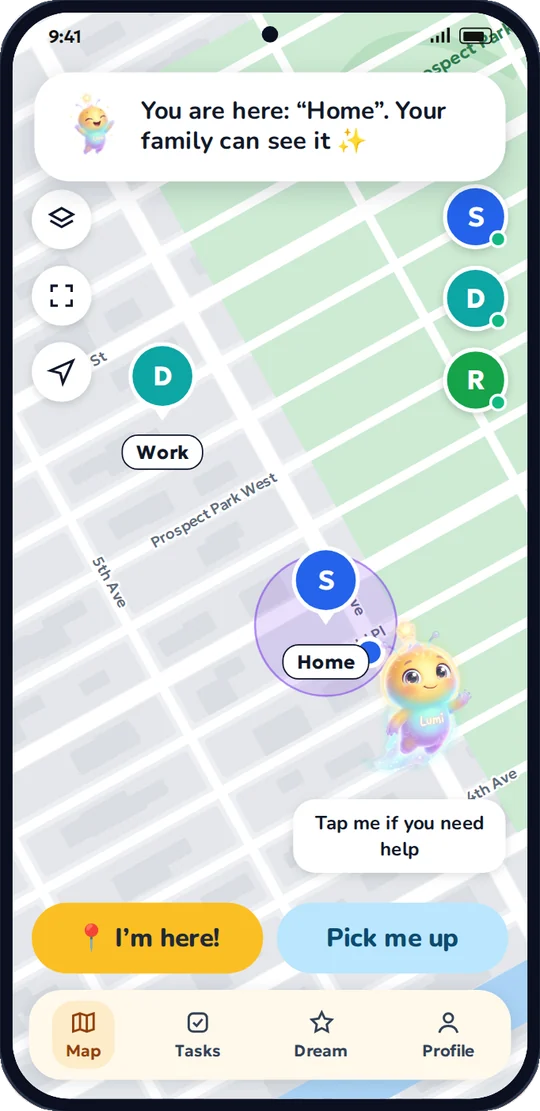Kid mode: a map with Lumi and the “I'm here!” and “Pick me up” buttons