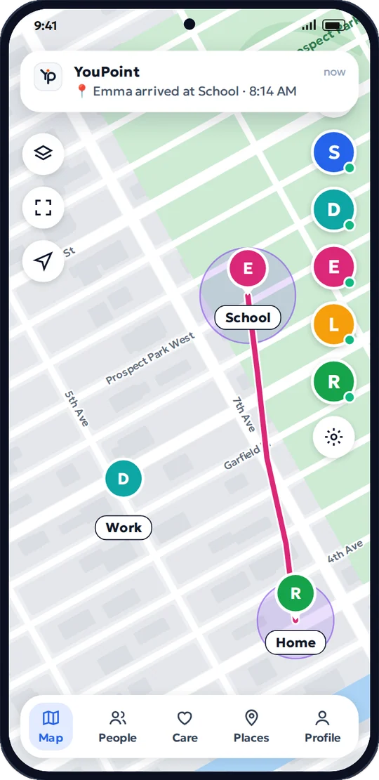 The family map in the YouPoint app: Home, School and Work places and loved ones on the map