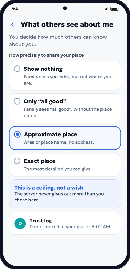 The “What others see about me” screen: from exact location to “show nothing”